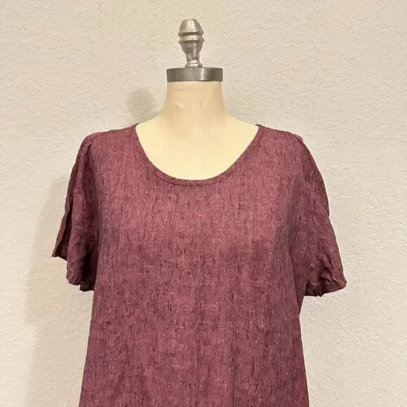 FLAX Tunic Top Burgundy Relaxed Fit Boxy Linen SS Minimalist Lagenlook - Picture 3 of 9